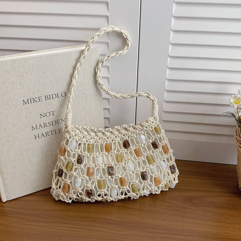 Style Fresh Woven Beaded Contrast Color Large Capacity Advanced Mesh Bags