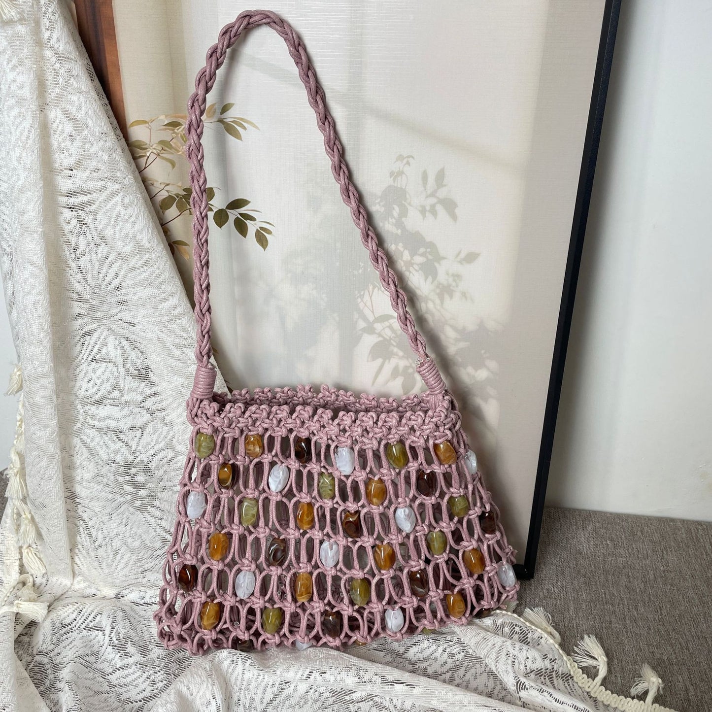 Ethnic Beaded Mesh Pocket Female Niche Wax Rope Woven High-grade Handbags
