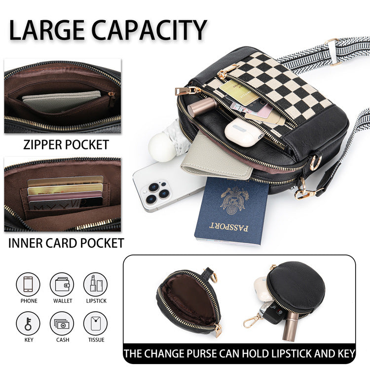 Chessboard Plaid Fashion Retro Double Zipper Women's Shoulder Bag