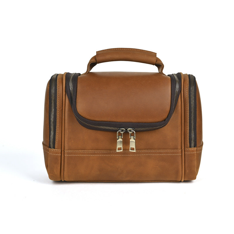 Than Crazy Horse Leather Zipper Portable Toiletry Large Capacity Trendy Bags