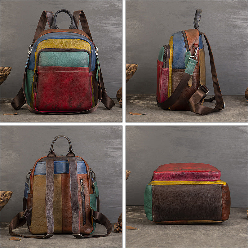 Women's Spring Leather Colored Mosaic Design Sense Large Capacity Backpacks