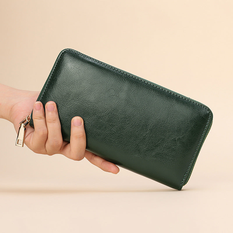 Women's Oil Wax Grain Cowhide Zip Long Genuine Leather Large Ladies Wallet