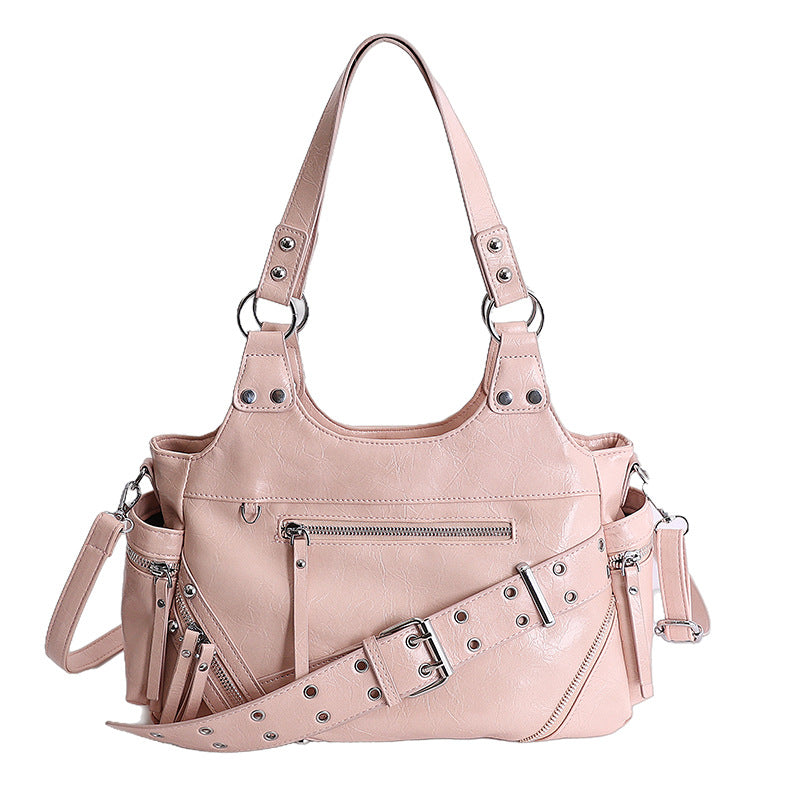 Women's Retro For Large Capacity Soft Leather Stitching Fashion Commuter Rivet Women's Shoulder Bag