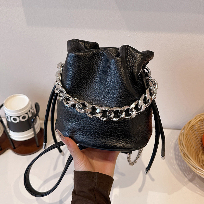 Women's Genuine Leather Fresh Simple Drawstring Fashionable High-grade Chain Cross Bucket Bags