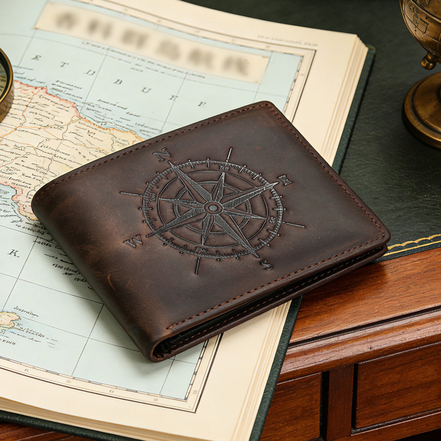 Men's Compass Leather Crazy Horse Retro Simple Swiping Embossed Dollar Men's Wallet