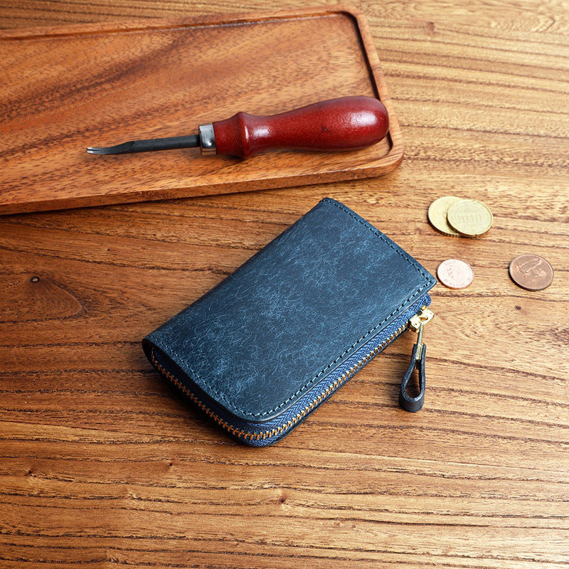 Frosted Short Zipper First Layer Cowhide Genuine Leather Men's Wallet