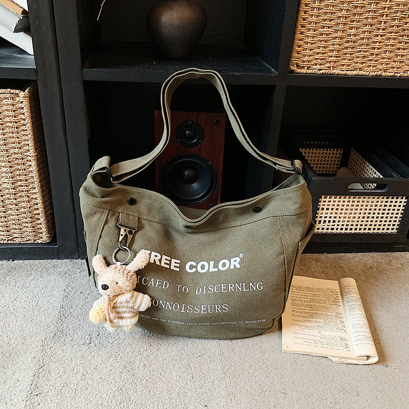 Khaki Korean Style Canvas Female Letter Retro Versatile Large Bags
