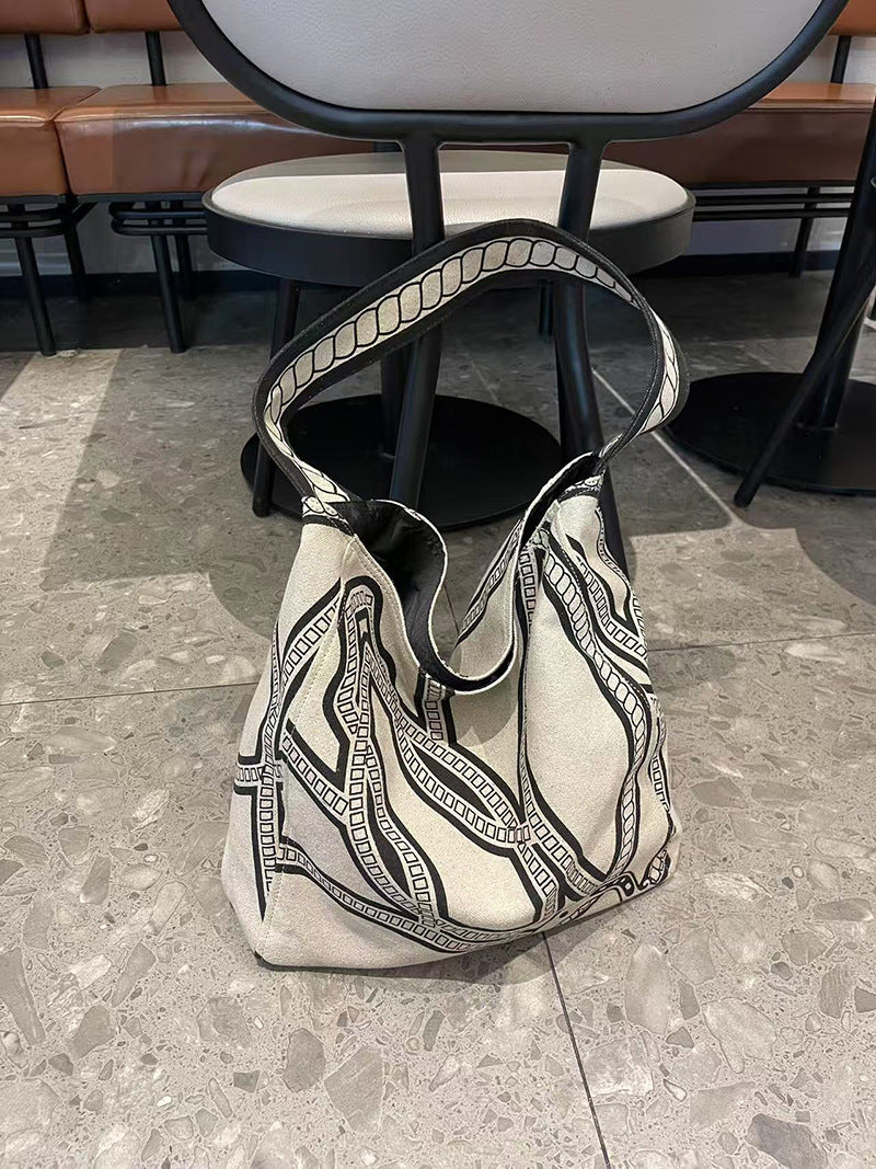 Women's Linen Fabric Silk Screen Fashion Design Large Shoulder Bags