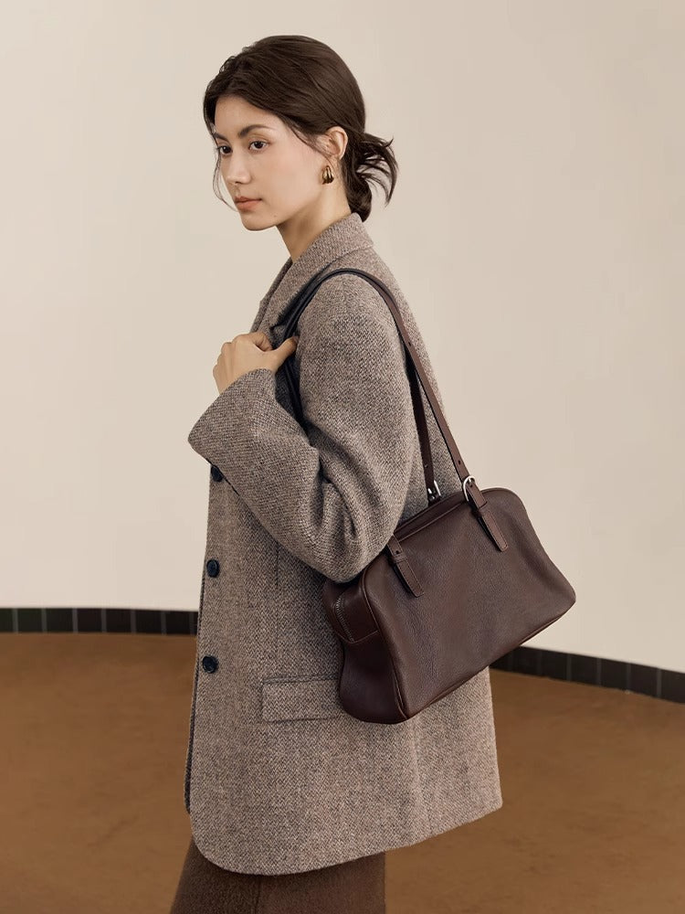 Women's Bowling Vegetable Tanned Leather Lambskin Retro Large Capacity Genuine Shoulder Bags