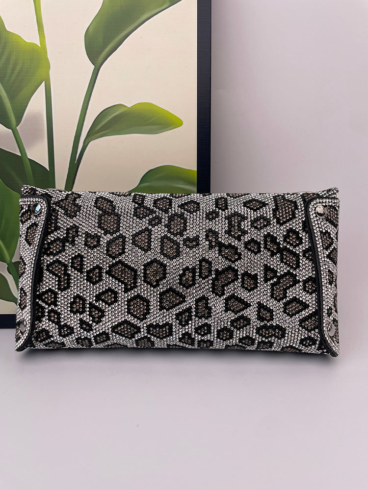 Women's Leopard Print Full Diamond Clutch Banquet Shoulder Bags
