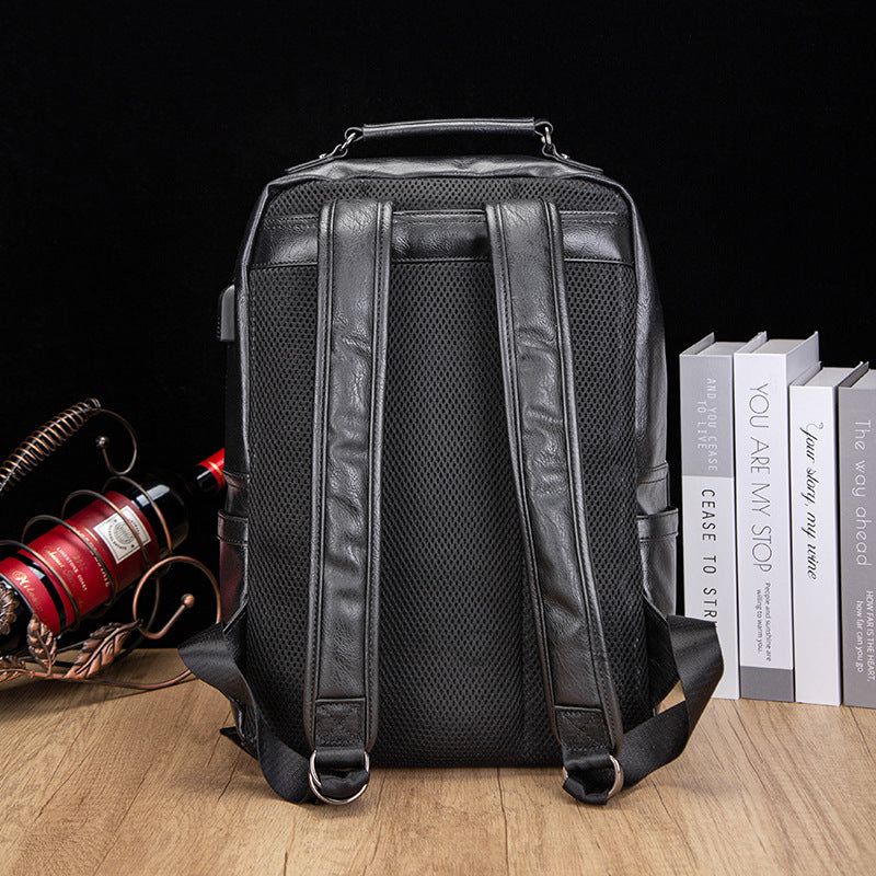 Men's Leather Korean Rechargeable Computer Fashion Leisure Backpack