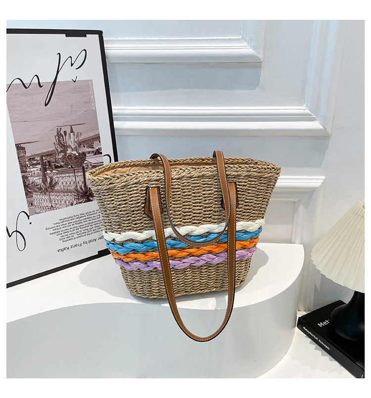 Women's Rainbow Striped Straw Woven Beach Vacation Large Women's Shoulder Bag