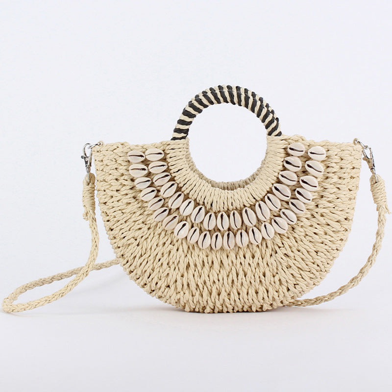 Women's Style Semicircle Hand Carrying Straw Sewing Natural Women's Messenger Bag