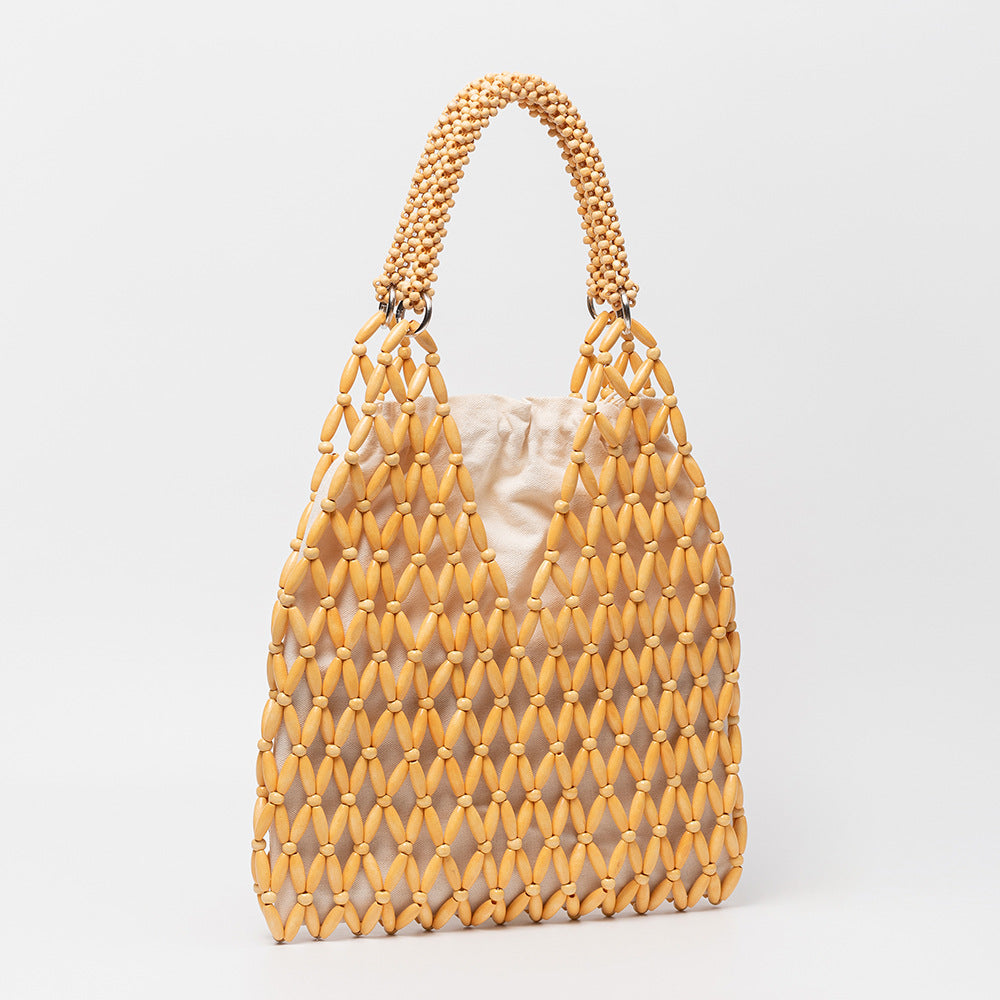 Women's Maple Material Woven Seaside Vacation Beach Wooden Bead Women's Shoulder Bag