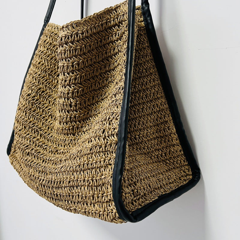 Women's Capacity French Style Straw Niche Woven Vacation Beach Solid Color Bags