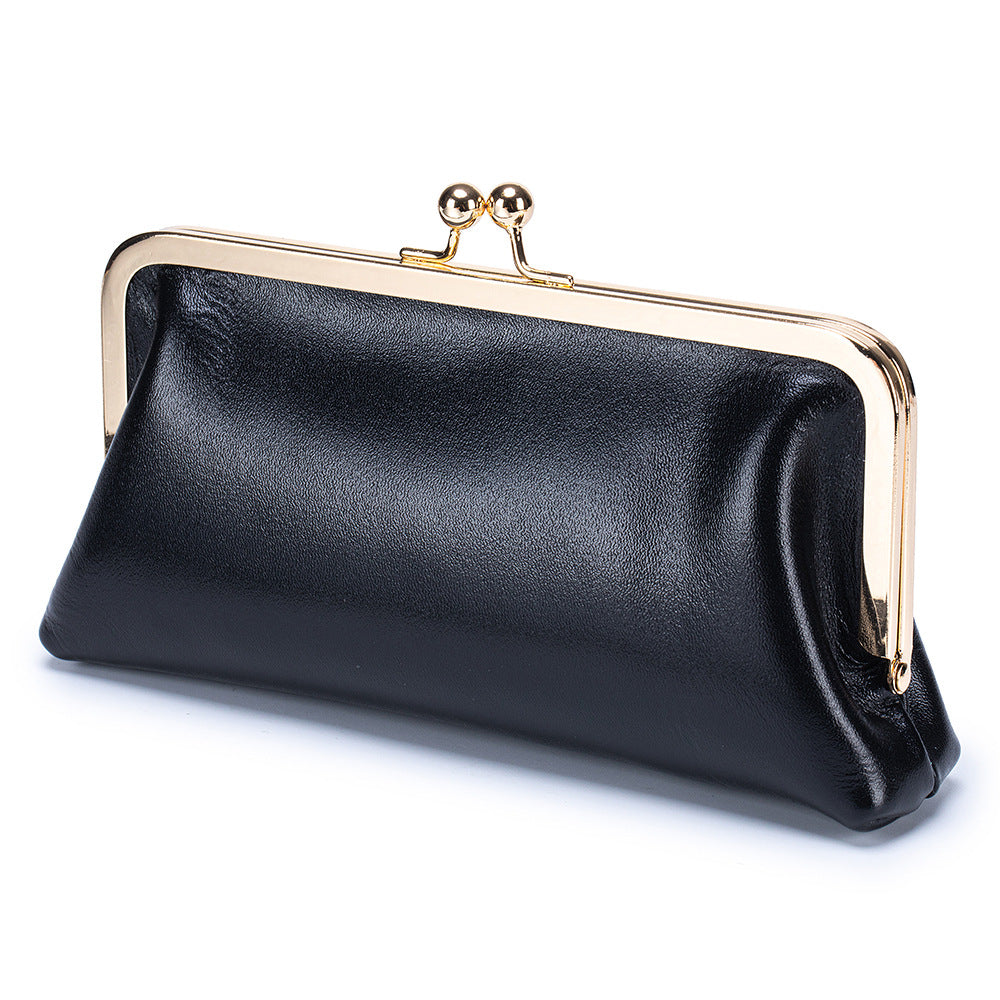 Women's Genuine Leather Retro Clip Long Simple Frame Storage Large Women's Clutch