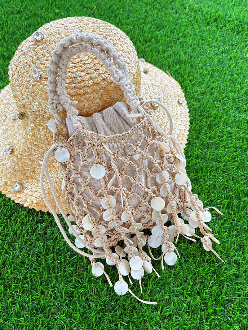 Woven Hollowed Beach Pastoral Vacation Style Shiny Sequin Portable Women's Handbag