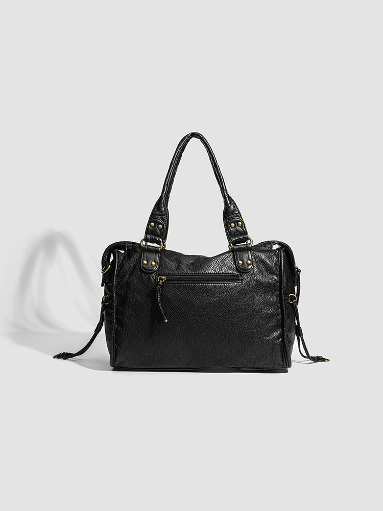 Women's French Retro Motorcycle Large Capacity Washed Tote Bags