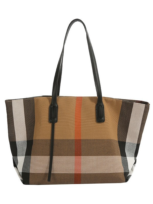 Women's Canvas Check Pattern Large Capacity Totes Shopping Textured Women's Shoulder Bag