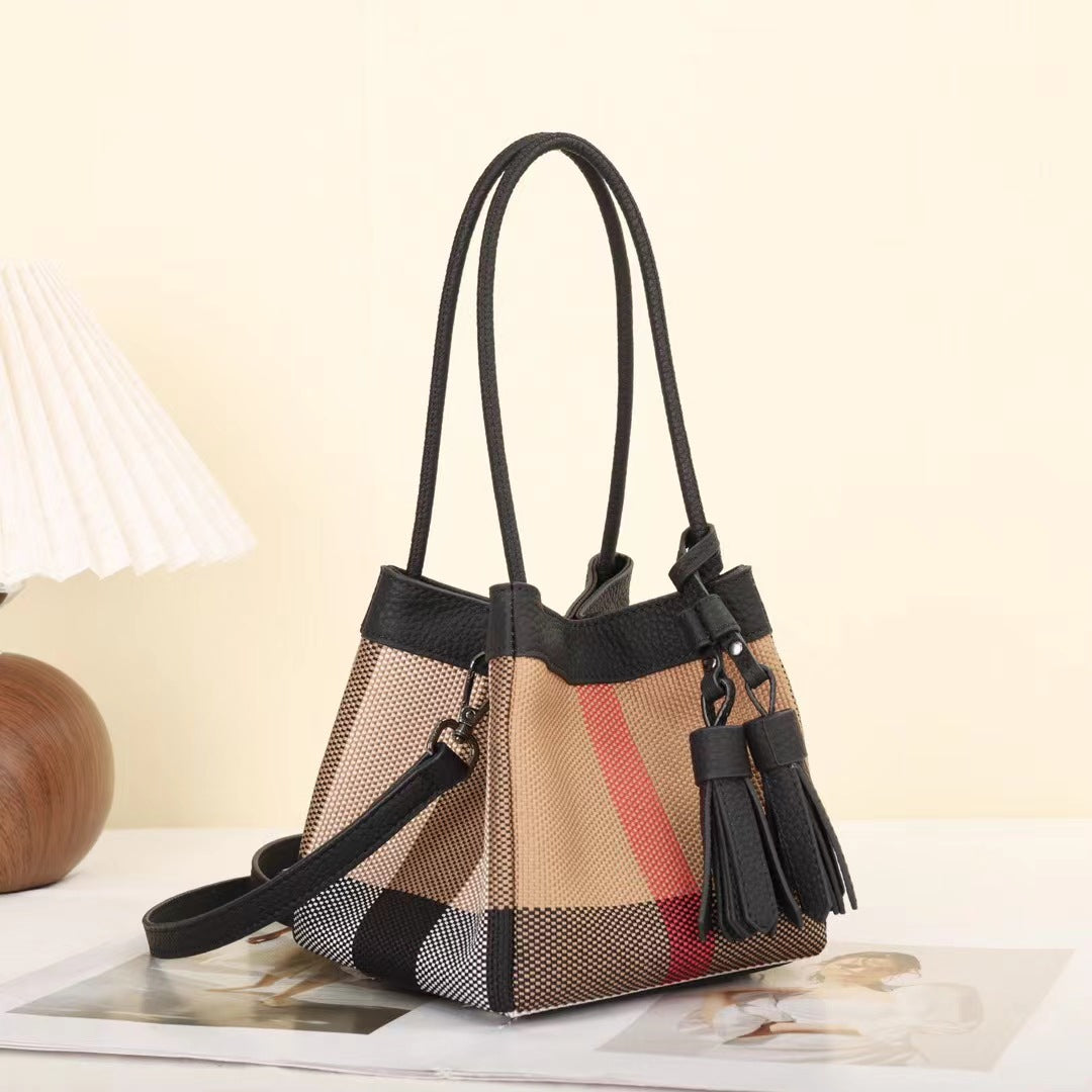 Women's Elegant Plaid Soft Leather Portable Vegetable Bucket Bags