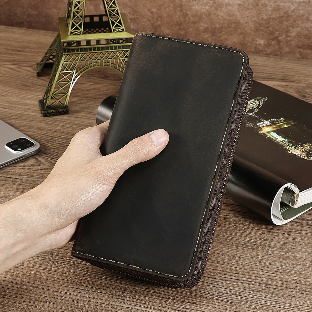 Men's Crazy Horse Leather Vintage Long Business Men's Clutch