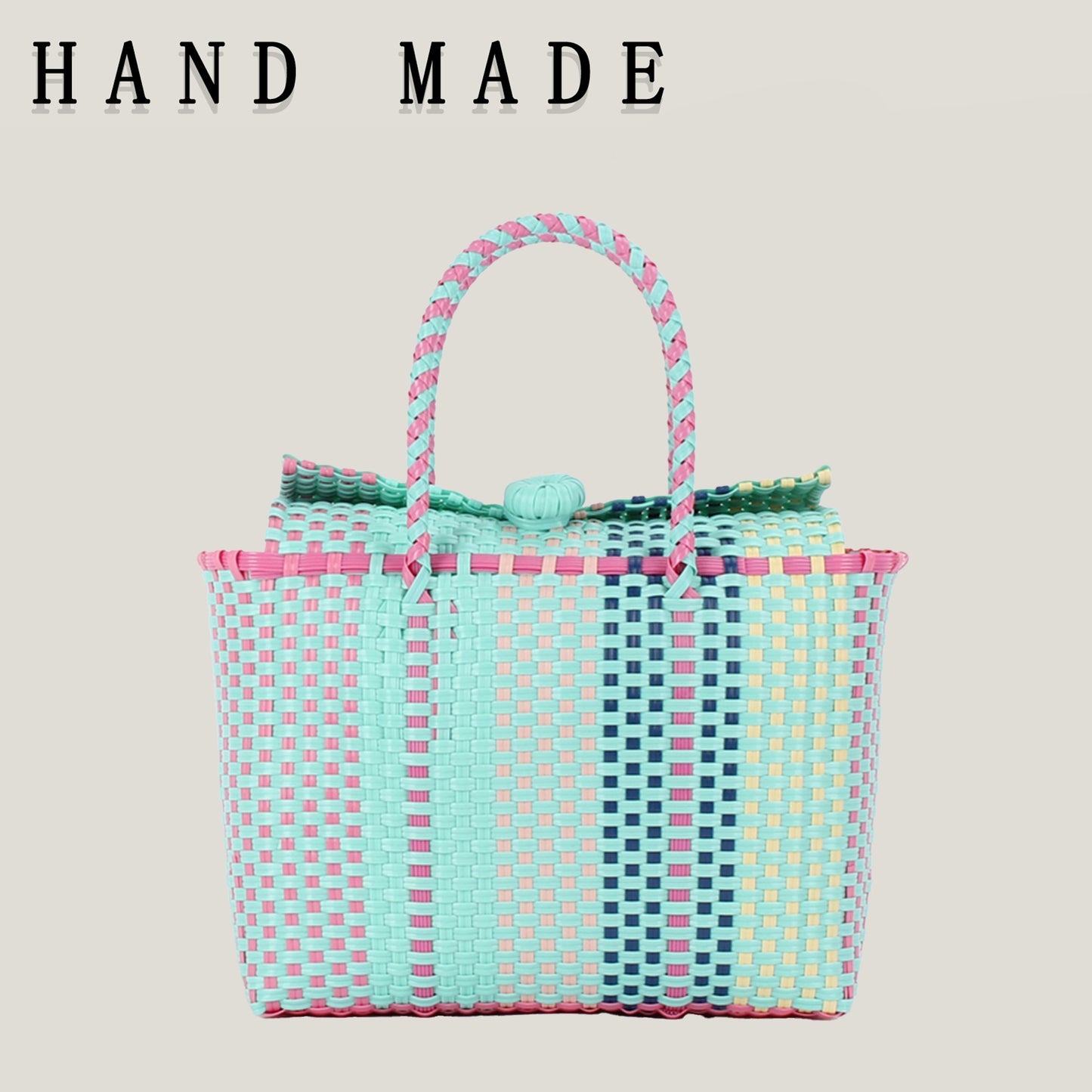 Women's Fresh Contrast Color Hand-woven Plastic Basket Beach Vacation Picnic Hand Bags