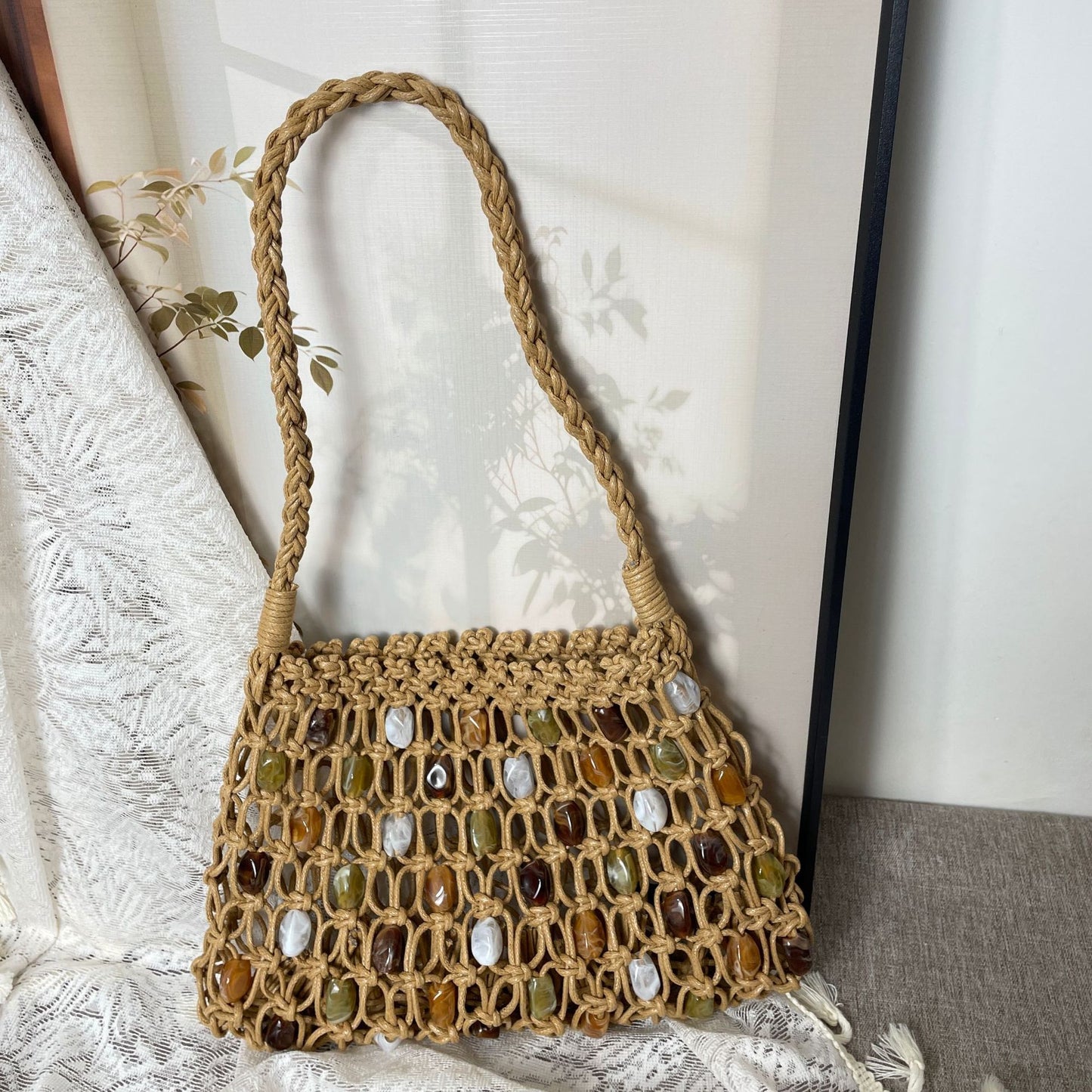 Ethnic Beaded Mesh Pocket Female Niche Wax Rope Woven High-grade Handbags