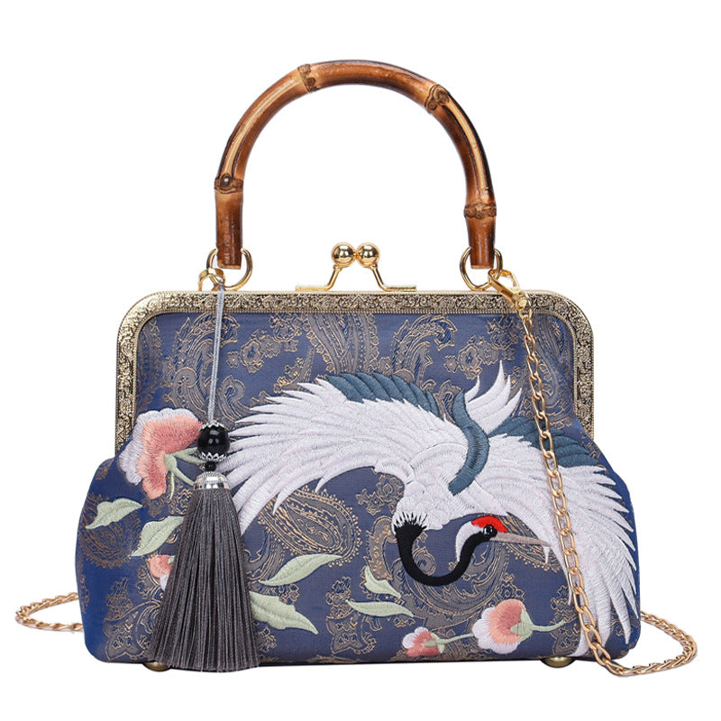 Crane Embroidery Jacquard Clutch Vintage Handmade Chinese Women's Handbag