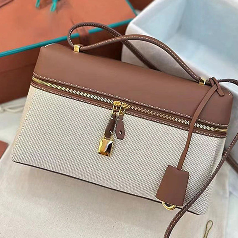 Real Leather Canvas Underarm Italian Zipper Women's Shoulder Bag