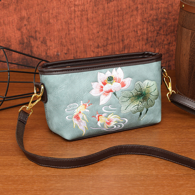 Women's National Style Light Luxury Lotus Embroidery China Women's Shoulder Bag