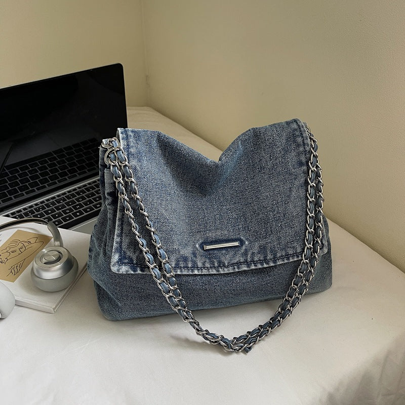 Korean Style Chain Large Capacity Denim College Shopping Tote Bags