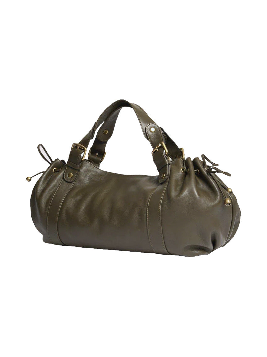 Retro Black Large Capacity Soft Leather Commuter Pleated Drawstring Women's Handbag