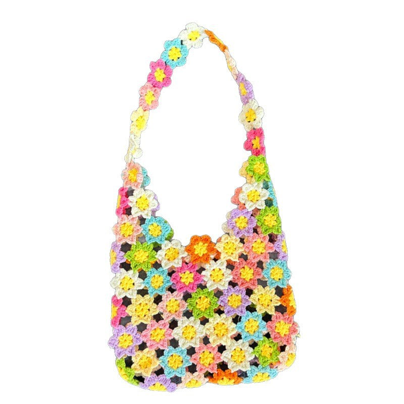 Wool Knitted Rainbow Laminate Stitching Fresh Cutout Flowers Woven Women's Shoulder Bag