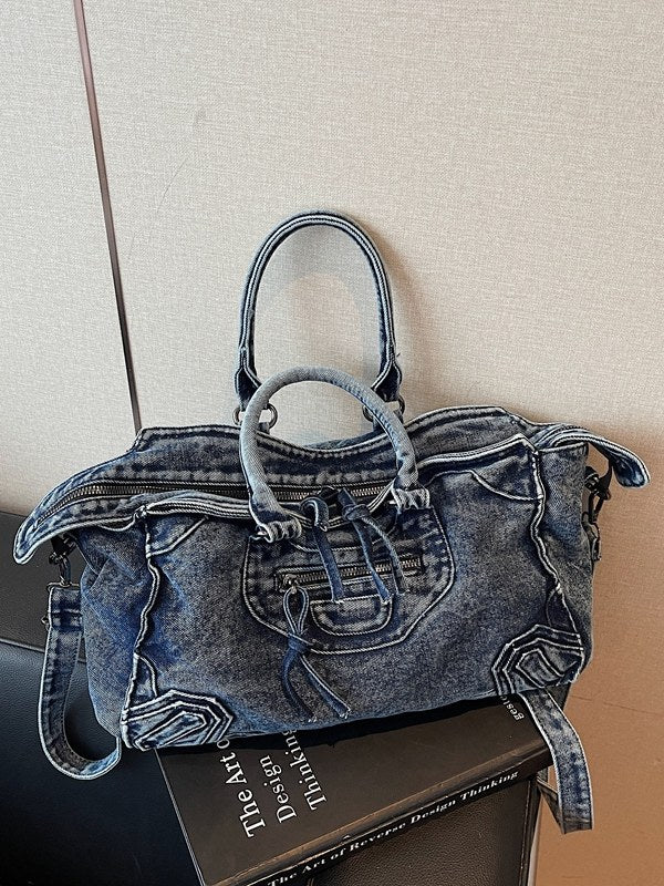 Women's Denim Motorcycle Niche Large Capacity Portable Distressed Texture Sweet Women's Handbag