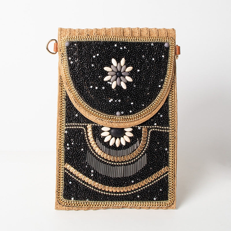 Women's Style Bead Turquoise Pattern Straw Woven Shoulder Bags