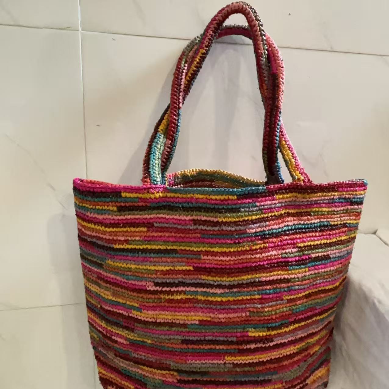 Women's Raffia Striped Color Matching Woven Commuter Hand Crocheting Bags