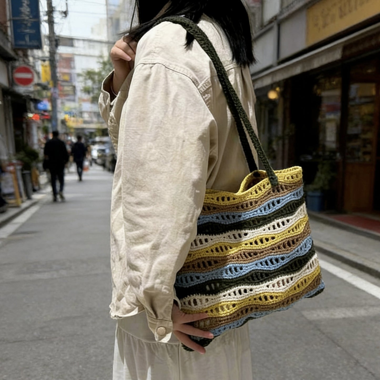 Laziness Female Color Wave Pattern Contrast Cotton Large Women's Shoulder Bag