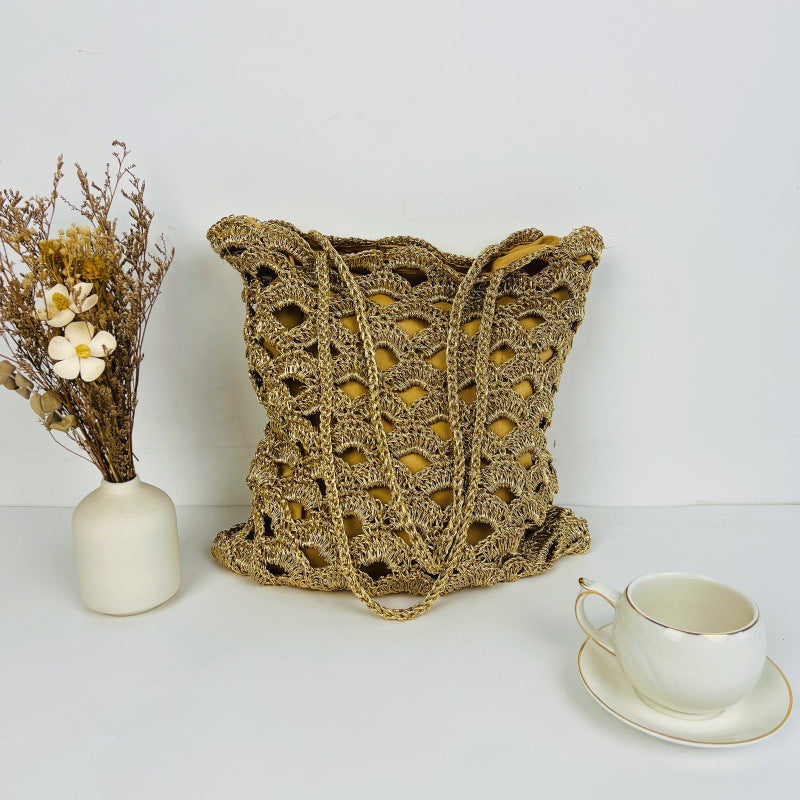 Women's Gold Sier Hollow Straw Woven Handmade Wave Pattern Women's Shoulder Bag