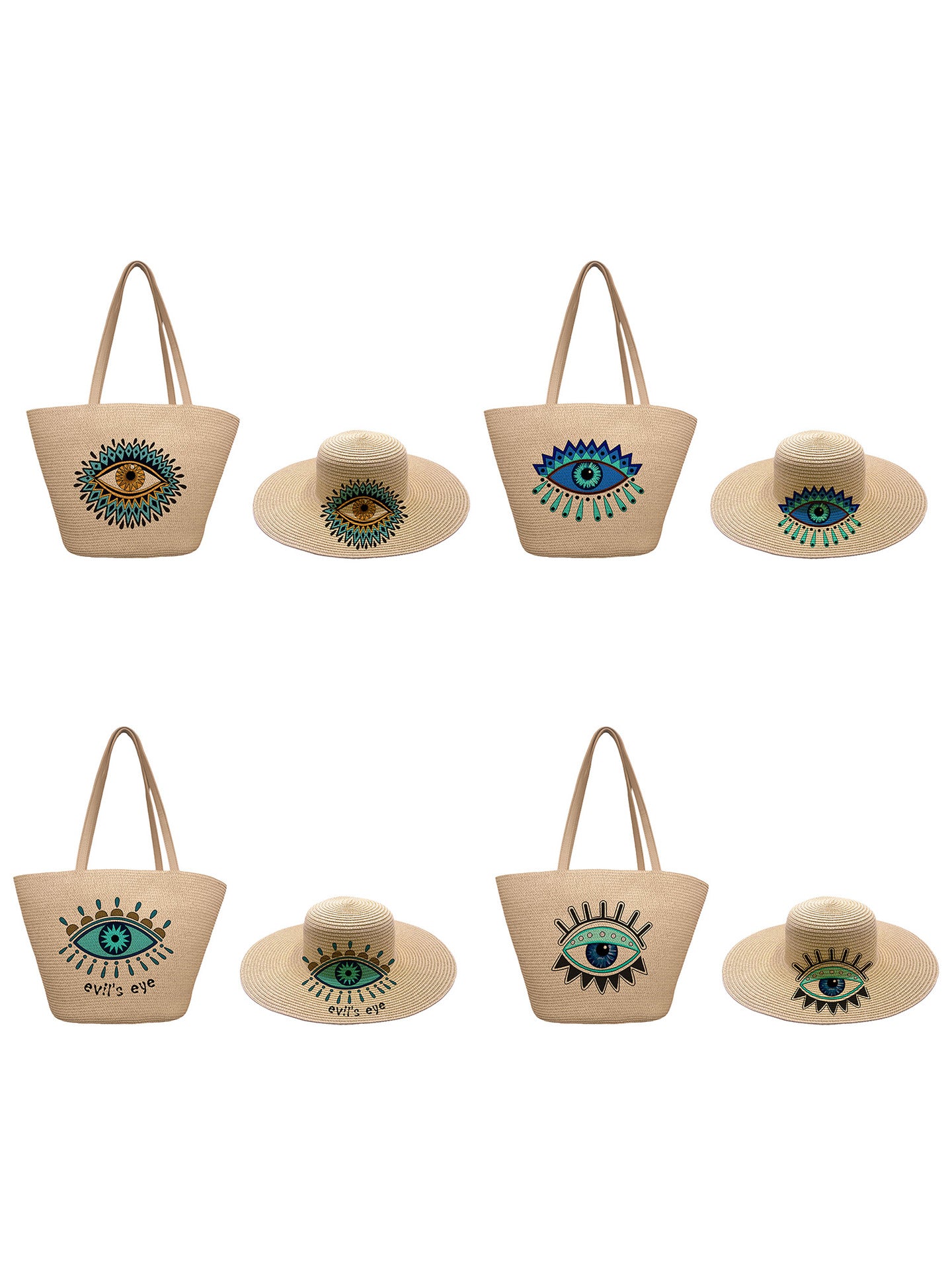 Women's Style Straw Woven Hat Set Vintage Eye Print Bags