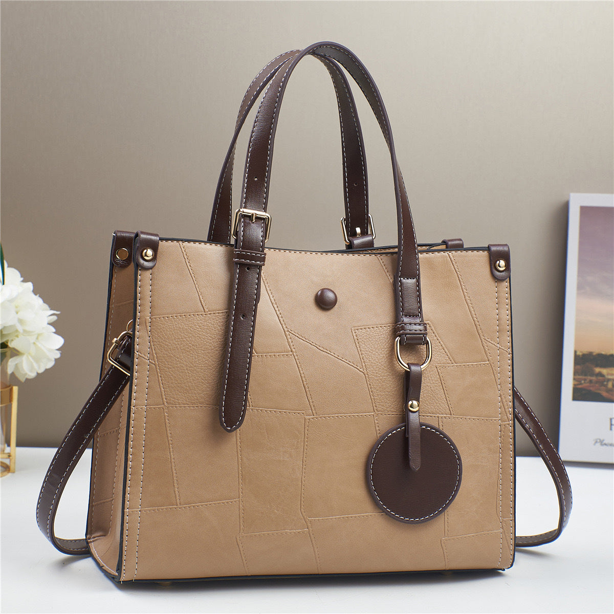 Women's Color Authentic Leather Tactile Feel Trendy Stitching Cute Women's Shoulder Bag
