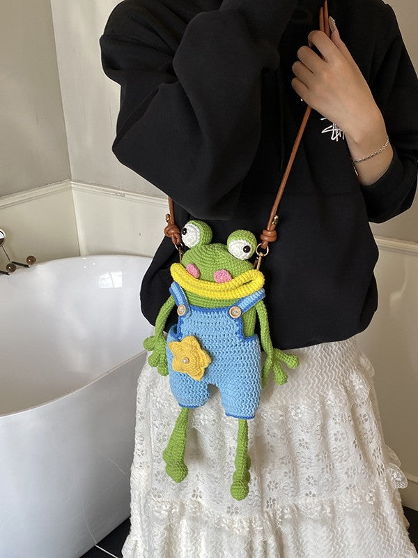 Women's Cartoon Big Mouth Frog Mobile Handmade Crochet Finished Women's Shoulder Bag