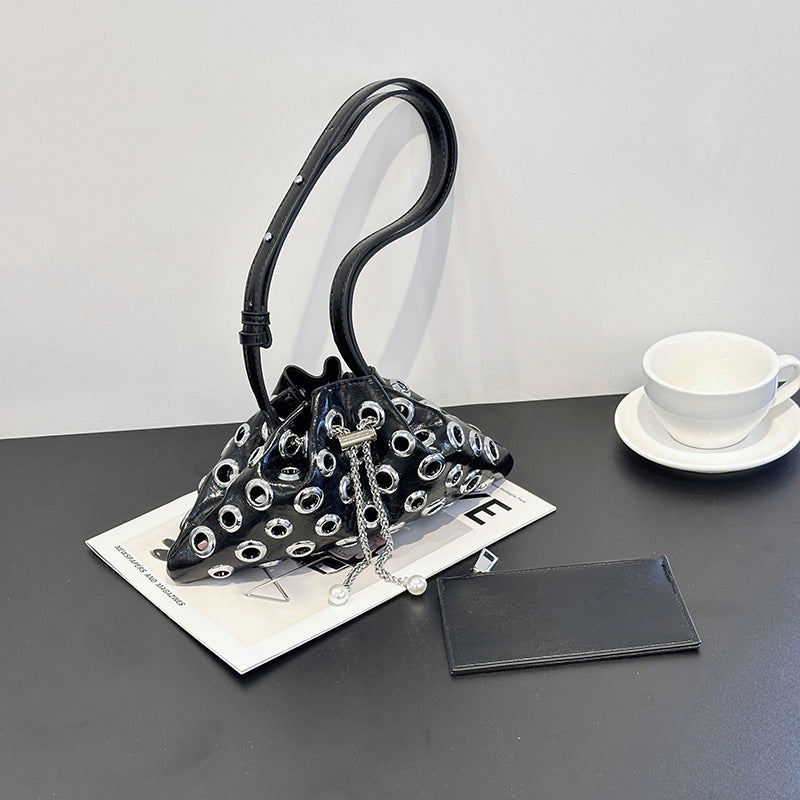 Women's Summer Punk Fashion Rivet Hollow Drawstring Bucket Bags