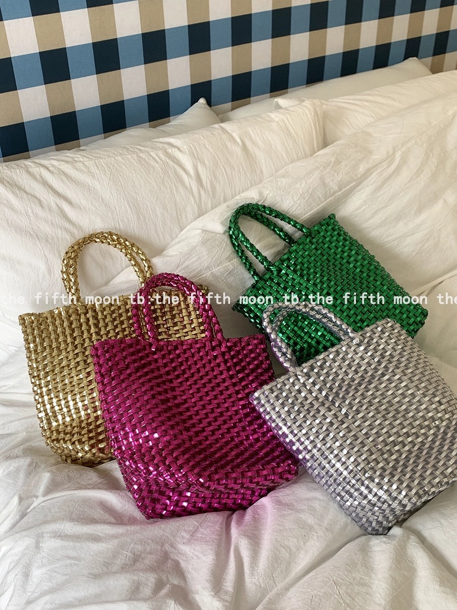 Basket Shiny Woven Stylish Beach Hand Women's Handbag