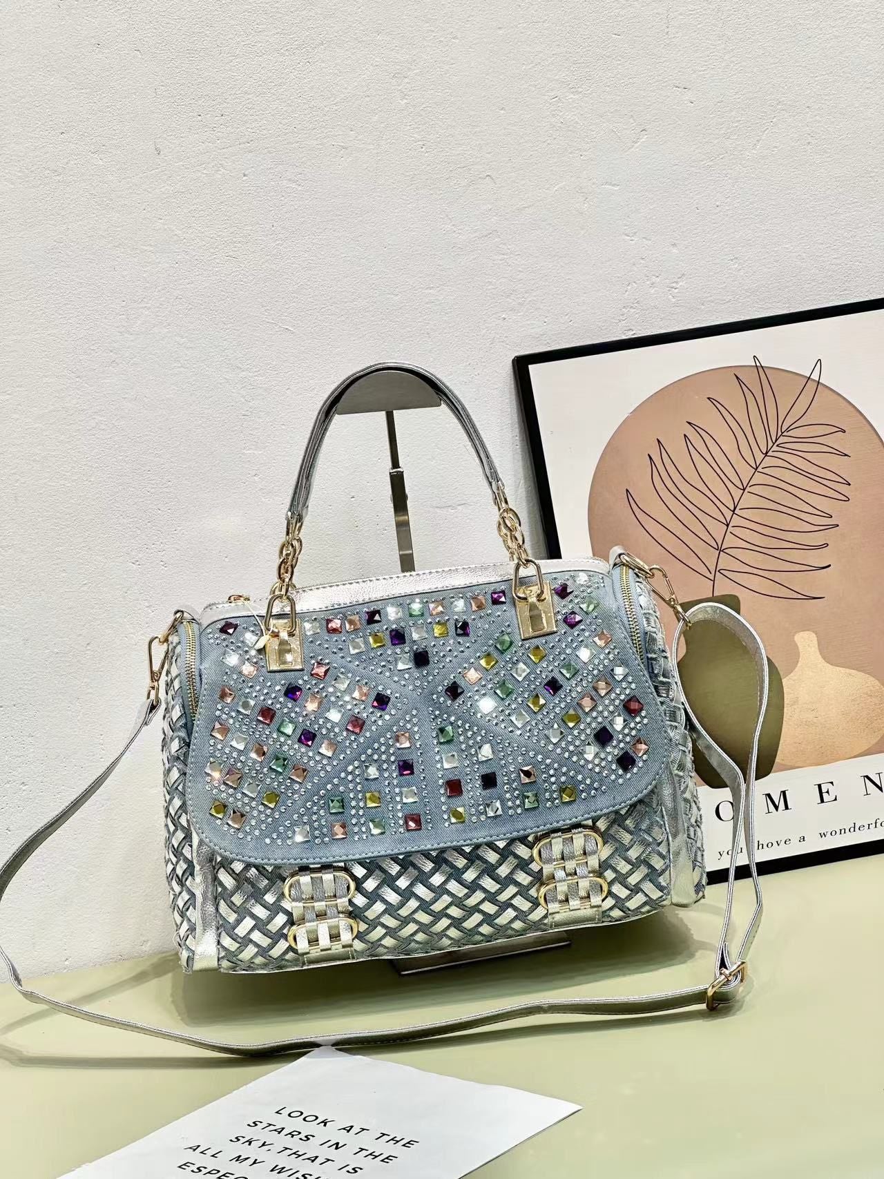 Women's Crystals Denim Woven Diamond Large Capacity More Canvas Bags