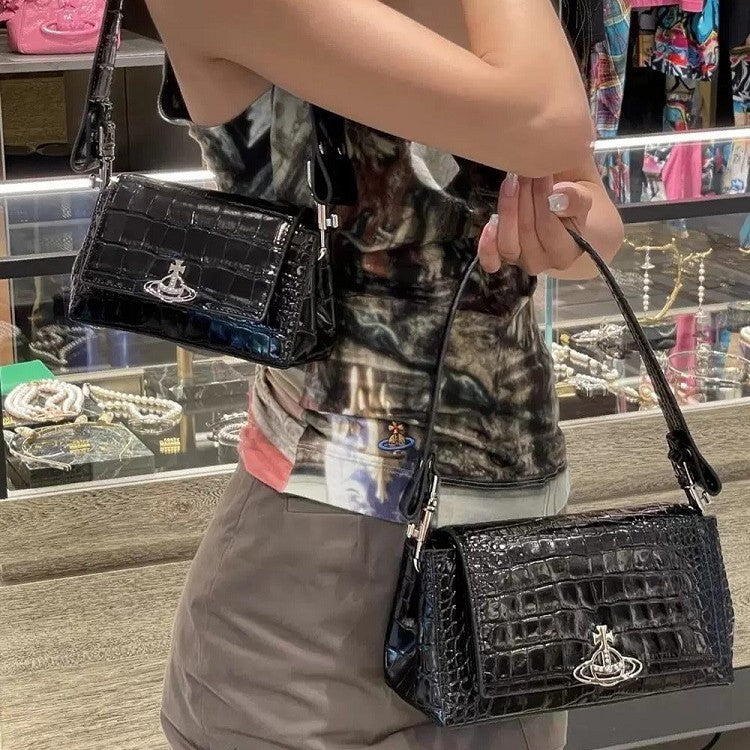Crocodile Pattern Underarm Saturn Classic Patent Leather Women's Messenger Bag