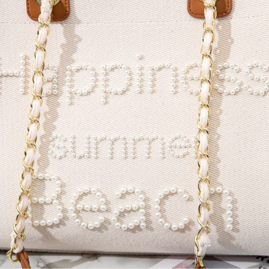 Women's Classic Style Pearl Embroidered Canvas Large Capacity White Women's Shoulder Bag