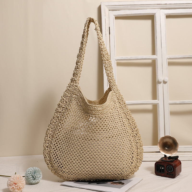 Women's Large Capacity Straw Hollow Solid Color Woven Seaside Vacation Style Women's Shoulder Bag