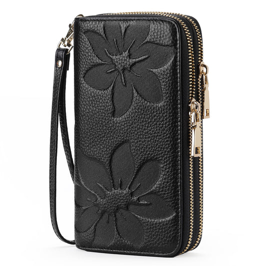 Women's Double Zip Large Capacity Long Top Layer Cowhide Clutch Ladies Wallet