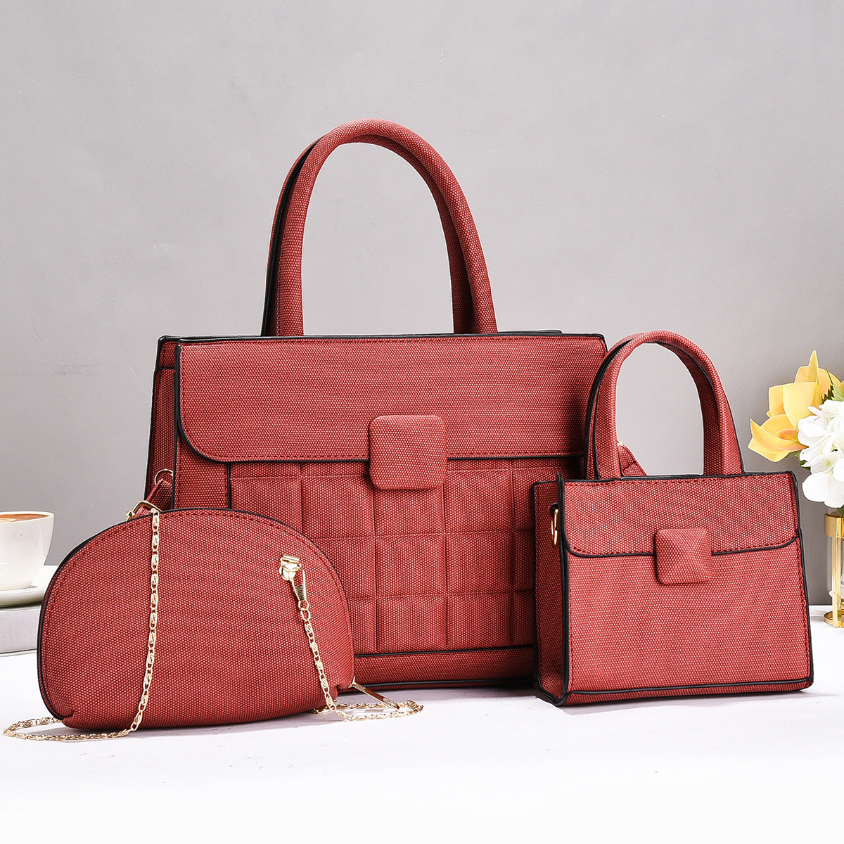 Plaid Stitching Three-piece Large Capacity Versatile Bags