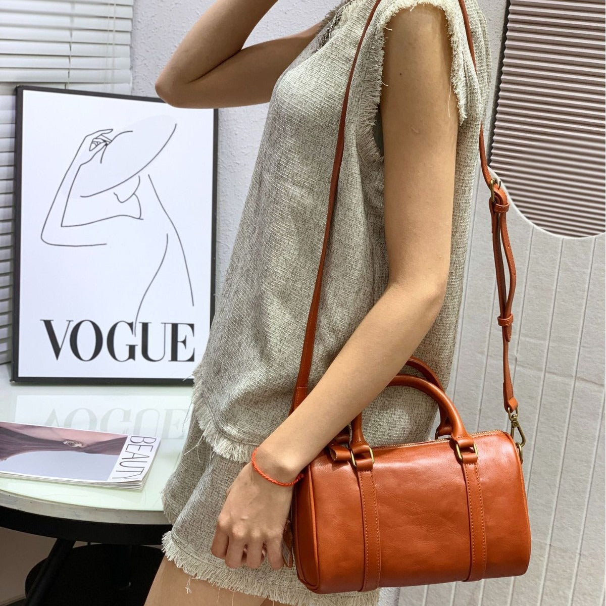Women's Vegetable Tanning Leather Vintage Boston Pillow High Women's Messenger Bag